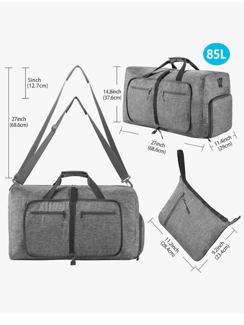 Gray Travel Duffle Bag with Removable Pouch - Picture 2 of 7
